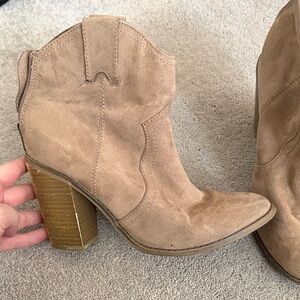 Tan Suede Block Heel Ankle Boots - Women's